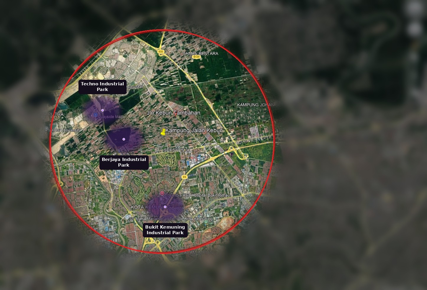 5km radius map around Kampung Jalan Kebun, Klang, with the area outside the radius blurred and three nearby industrial parks shaded