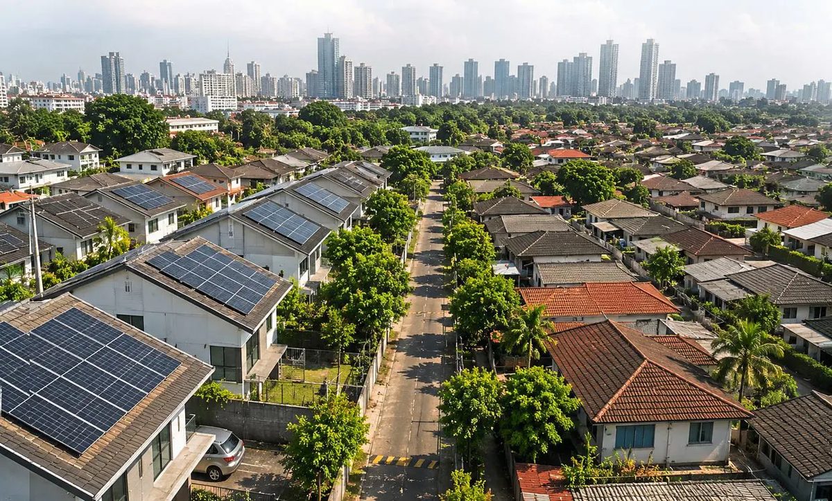 Aerial view of a Malaysian residential neighbourhood with rooftop solar panels